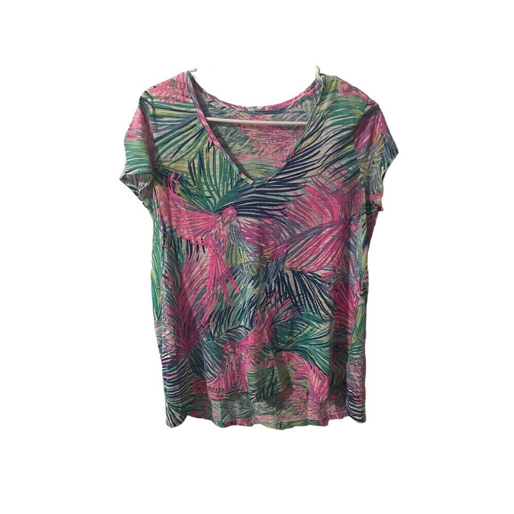 Lilly Pulitzer Women's L Etta Top V-Neck 100% Cotton in Scarlet Macaw Slub Tee